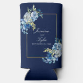 Elegante Marine Blauw Goud Bloemen Custom Wedding Seltzer Blikjeskoeler (Achterkant)