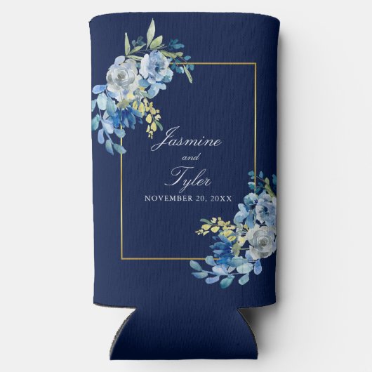 Elegante Marine Blauw Goud Bloemen Custom Wedding Seltzer Blikjeskoeler (Achterkant)