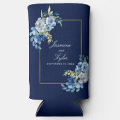 Elegante Marine Blauw Goud Bloemen Custom Wedding Seltzer Blikjeskoeler (Voorkant)