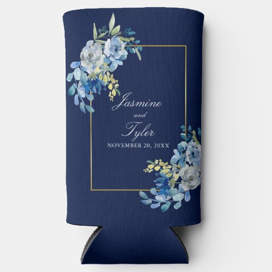 Elegante Marine Blauw Goud Bloemen Custom Wedding Seltzer Blikjeskoeler (Voorkant)