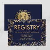 Elegante Marine Blauw Goud Bloemen Gift Registry Informatiekaartje (Voorkant / Achterkant)