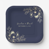 Elegante Marine Blauw & Goud Bloemen Huwelijk Papieren Bordje (Voorkant)