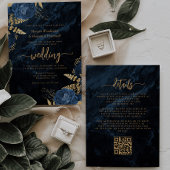 Elegante Marine Blauw Goud Bloemen QR Code Huwelij Kaart