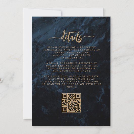 Elegante Marine Blauw Goud Bloemen QR Code Huwelij Kaart (Achterkant)