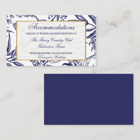 Elegante Marine Blauw Goud Botanische Bruiloft Det Informatiekaartje (Voorkant / Achterkant)