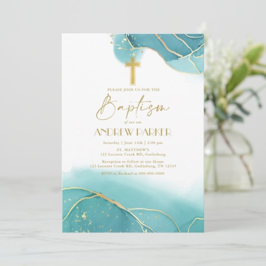 Elegante Marine Blauw Goud Doop Uitnodiging (Staand voorkant)