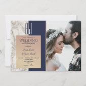 Elegante Marine Blauw Goud Foto Huwelijk Kaart (Voorkant)