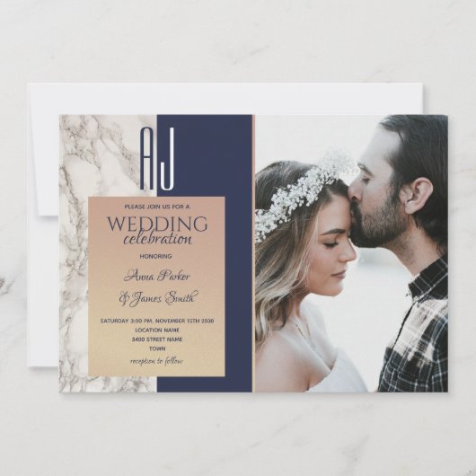 Elegante Marine Blauw Goud Foto Huwelijk Kaart (Voorkant)