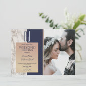Elegante Marine Blauw Goud Foto Huwelijk Kaart (Staand voorkant)