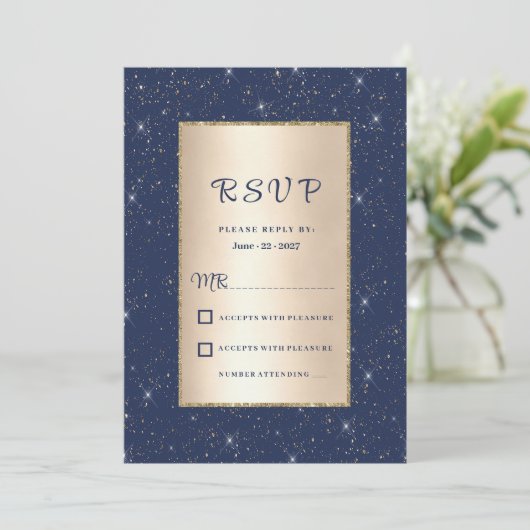 Elegante marine blauw goud glitter confetti RSVP Kaart (Staand voorkant)