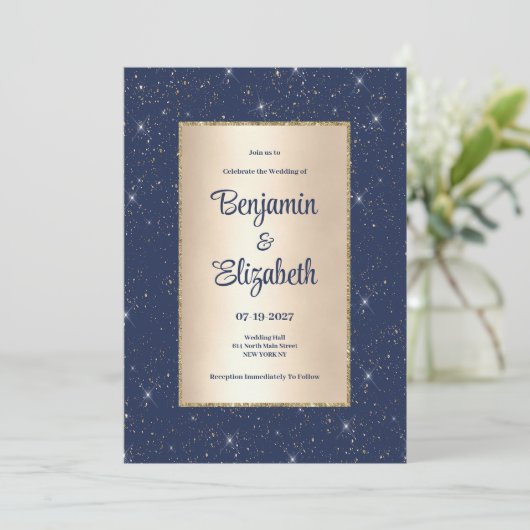Elegante marine blauw goud glitter confetti Trouwe Kaart (Staand voorkant)