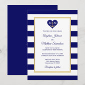 Elegante Marine Blauw Goud Hart Nautische bruiloft Kaart (Voorkant / Achterkant)