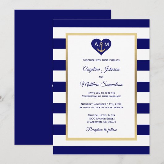 Elegante Marine Blauw Goud Hart Nautische bruiloft Kaart (Voorkant / Achterkant)