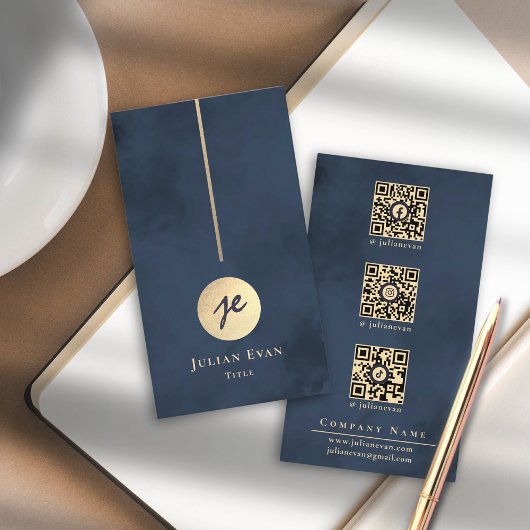 Elegante Marine Blauw & Goud Monogram Sociale Medi Visitekaartje