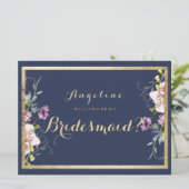 Elegante marine blauw goud roze bloemen Bruidsmeis Kaart (Staand voorkant)