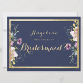 Elegante marine blauw goud roze bloemen Bruidsmeis Kaart (Voorkant)