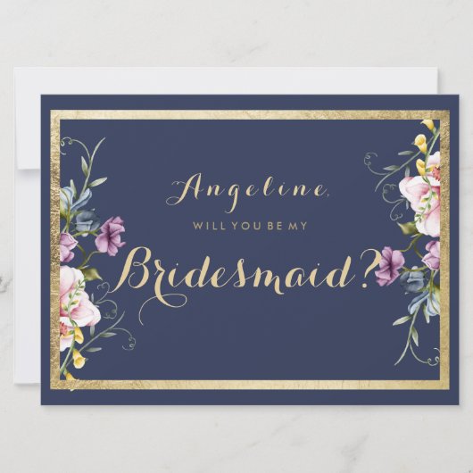 Elegante marine blauw goud roze bloemen Bruidsmeis Kaart (Voorkant)