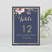 Elegante marine blauw goud roze bloemen Tabel Numm Kaart (Staand voorkant)