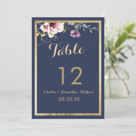 Elegante marine blauw goud roze bloemen Tabel Numm Kaart (Staand voorkant)