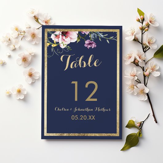 Elegante marine blauw goud roze bloemen Tabel Numm Kaart