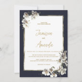 Elegante marine blauw goud wit orchidee bloemenbru kaart (Voorkant)