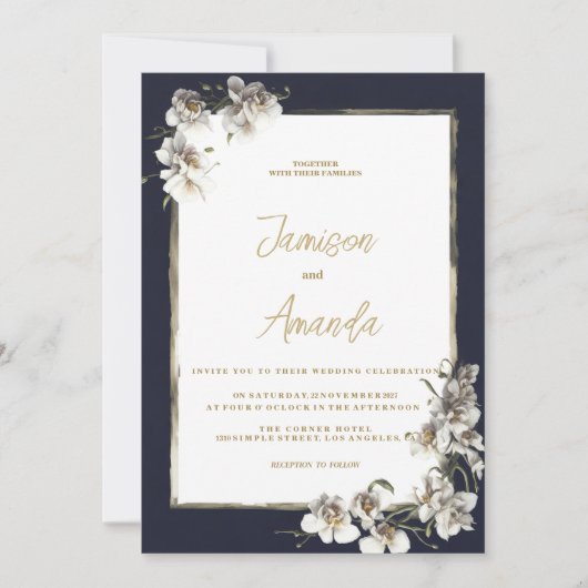 Elegante marine blauw goud wit orchidee bloemenbru kaart (Voorkant)