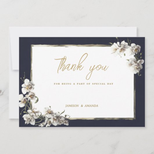Elegante marine blauw goud wit orchidee Dank u Kaart (Voorkant)