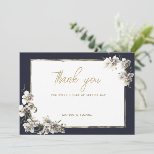 Elegante marine blauw goud wit orchidee Dank u Kaart (Staand voorkant)