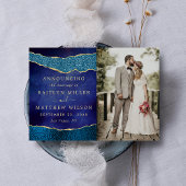 Elegante Marine Blauw & Gouden Agaat Bruiloft Foto Aankondiging