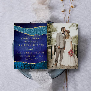 Elegante Marine Blauw & Gouden Agaat Bruiloft Foto Aankondiging