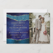 Elegante Marine Blauw & Gouden Agaat Bruiloft Foto Aankondiging (Voorkant)