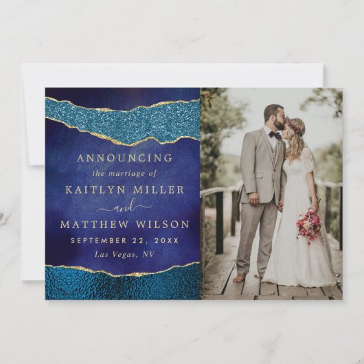 Elegante Marine Blauw & Gouden Agaat Bruiloft Foto Aankondiging (Voorkant)