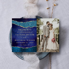 Elegante Marine Blauw & Gouden Agaat Bruiloft Foto Bedankkaart