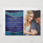 Elegante Marine Blauw & Gouden Agaat Bruiloft Foto Save The Date (Voorkant)