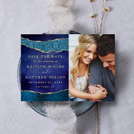Elegante Marine Blauw & Gouden Agaat Bruiloft Foto Save The Date