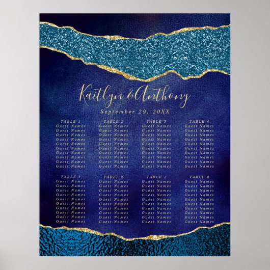 Elegante Marine Blauw & Gouden Agaat Bruiloft Zitt Poster (Voorkant)