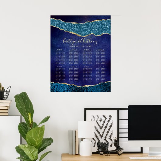 Elegante Marine Blauw & Gouden Agaat Bruiloft Zitt Poster (Thuiskantoor)