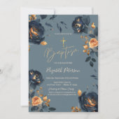 Elegante Marine Blauw Gouden Bloemen Doop Kaart (Voorkant)