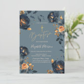 Elegante Marine Blauw Gouden Bloemen Doop Kaart (Staand voorkant)