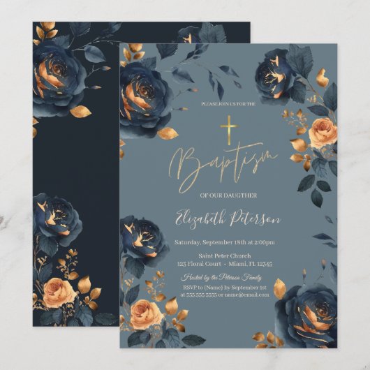 Elegante Marine Blauw Gouden Bloemen Doop Kaart (Voorkant / Achterkant)