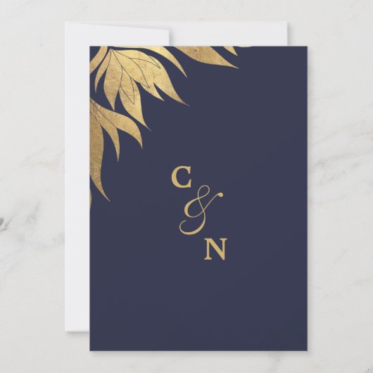 Elegante Marine Blauw Gouden Folie Bladerbladeren  Kaart (Achterkant)