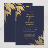 Elegante Marine Blauw Gouden Folie Bladerbladeren Kaart (Voorkant / Achterkant)