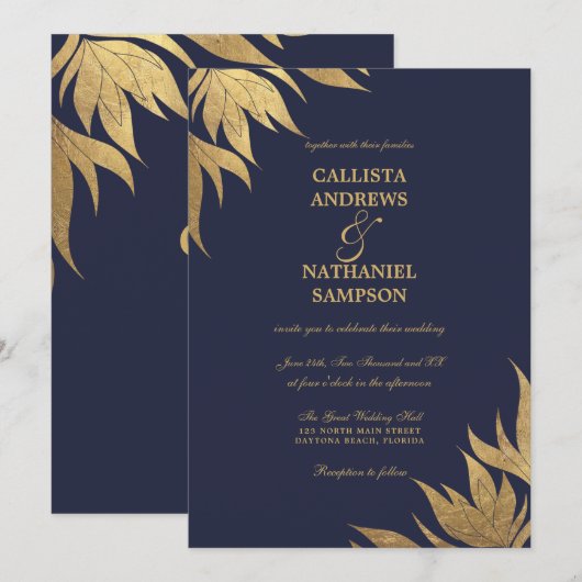 Elegante Marine Blauw Gouden Folie Bladerbladeren  Kaart (Voorkant / Achterkant)