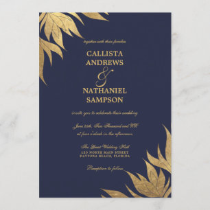 Elegante Marine Blauw Gouden Folie Bladerbladeren Kaart