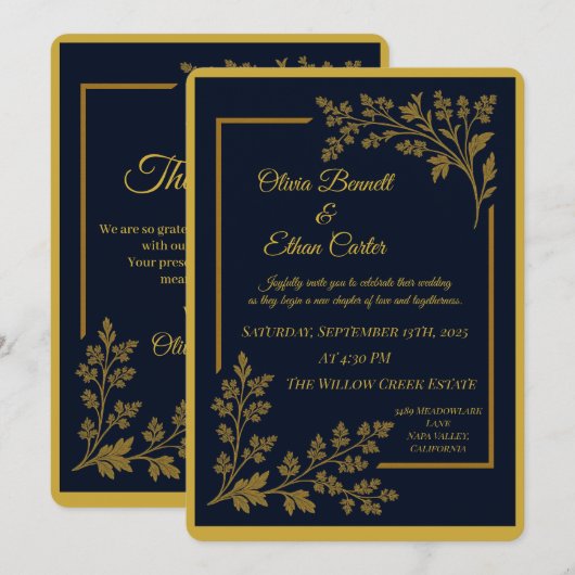 Elegante Marine Blauw & Gouden Folie Huwelijksuitn Kaart (Voorkant / Achterkant)