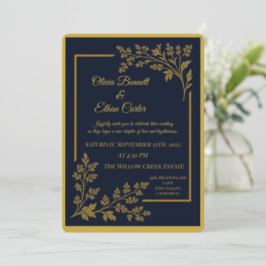 Elegante Marine Blauw & Gouden Folie Huwelijksuitn Kaart (Staand voorkant)