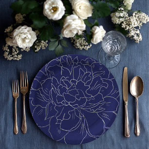 Elegante Marine Blauw Grote Zilveren Bloem Papieren Bordje