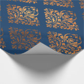 Elegante Marine Blauw Koper Goud Damaskpatroon Cadeaupapier (Hoek)