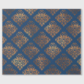 Elegante Marine Blauw Koper Goud Damaskpatroon Cadeaupapier (Vlak)
