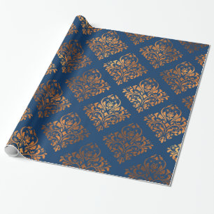 Elegante Marine Blauw Koper Goud Damaskpatroon Cadeaupapier